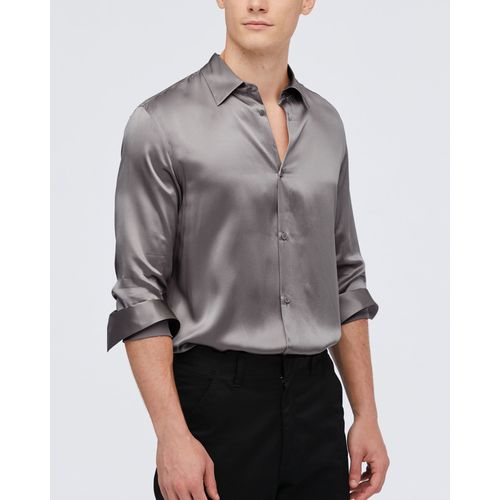 Lilysilk Chemise En Soie Homme Gris Foncé Fermeture Boutonnée, Manches Longues 100% Soie Température Réglable Chemise M