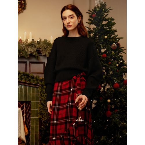 Lilysilk Jupe Longue En Soie Place Noire Et Rouge Coupe Classique, Plaid Écossais 100% Soie Naturelle Bonne Qualité Lavable En Machine 40