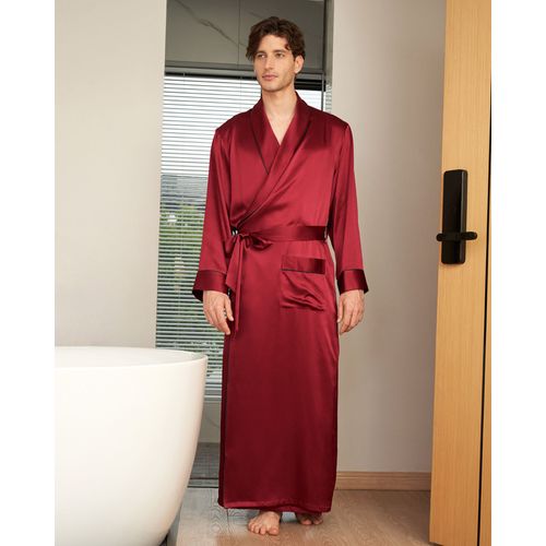 Lilysilk Peignoir En Soie Homme Rouge Vineux Col Rabattu, Poignets À Bandes 100% Soie Naturellement Antibactérien Robe De Chambre L