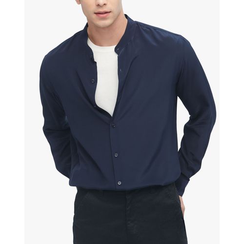 Lilysilk Chemise En Soie Homme Bleu Marine Col Montant, Poignets Ronds 100% Soie Crêpe De Chine Température Réglable Chemise L