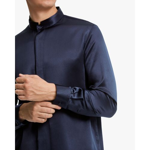 Lilysilk Chemise Homme Soie Bleu Marine Col Montant, Boutons Cachés 100% Soie Pure Respirant Super Léger Chemise Xl