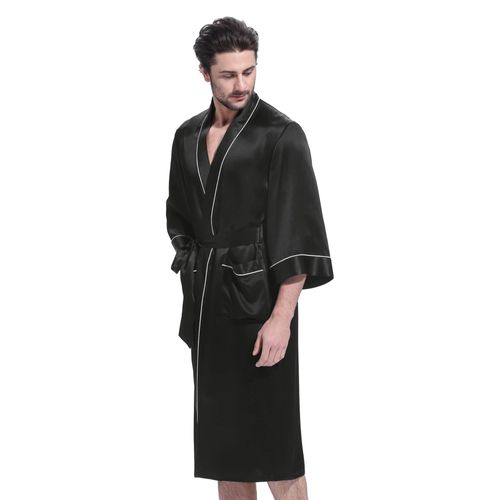 Lilysilk Robe De Chambre Kimono Soie Homme Noir Col Châle, Liseré Blanc 100% Soie Naturellement Antibactérien Robe De Chambre M