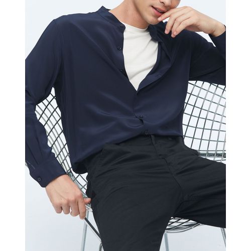 Lilysilk Chemise Soie Homme Bleu Marine Col Montant, Manches Longues 100% Soie Pure Naturellement Antibactérien Chemise M