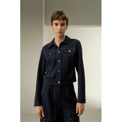 Lilysilk Veste Pour Femme Coutures Contrastées Audacieuses 100 % Laine Mérinos Facile À Assortir Modèle De Base, Style Denim Bleu Marine M