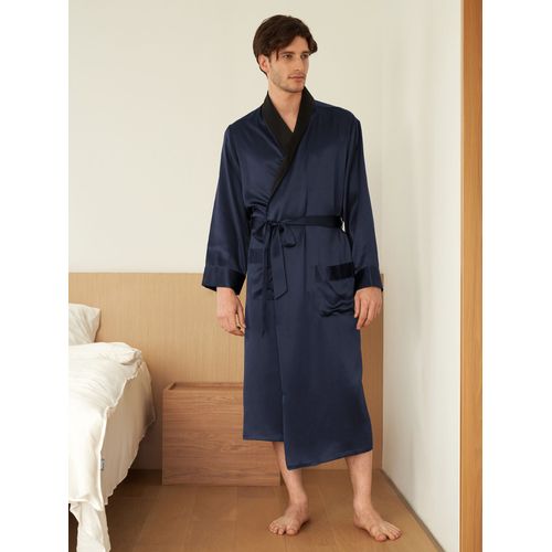 Lilysilk Robe De Chambre En Soie Naturelle Homme Bleu Marine Col Croisé, Jusqu'aux Jambes 100 Soie Bon Rapport Qualité-Prix Respectueux De La Peau Xs