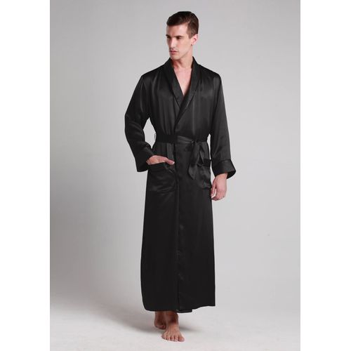 Lilysilk Robe De Chambre Longue Soie Homme Noir Col Rabattu, Style Naturel 100% Soie De Mûrier Respirant Super Léger Robe De Chambre Xs