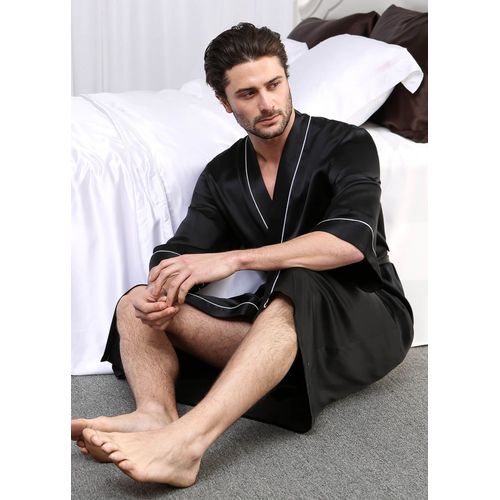 Lilysilk Peignoir En Soie Homme Noir Col Châle, Poches & Ceinture 100% Soie Pure Léger Et Résistant Aux Rides Robe De Chambre Xl