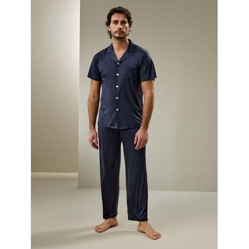 Lilysilk Ensemble Pyjama Soie Hemme Bleu Marine Revers Cranté Classique, Coupe Régulière 100% Tricoté En Soie Doux Pour La Peau Et Respirant L