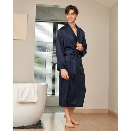Lilysilk Robe De Chambre Soie Homme Bleu Marine Bordure Noire, Poches & Ceinture 100% Soie Pure Léger Et Résistant Aux Rides Robe De Chambre Xxl