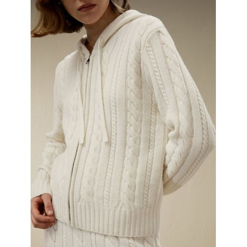 Lilysilk Pull Laine Femme Blanc Mailles Torsadées, Sweat À Capuche Zippé Laine Et Cachemire Broderie Du Logo Sur La Capuche L