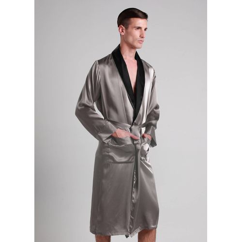 Lilysilk Robe De Chambre Soie Longue Homme Gris Foncé Manches Longues, Poignets Rabattables 100% Soie Conçu Pour La Beauté Une Meilleure Peau Xs
