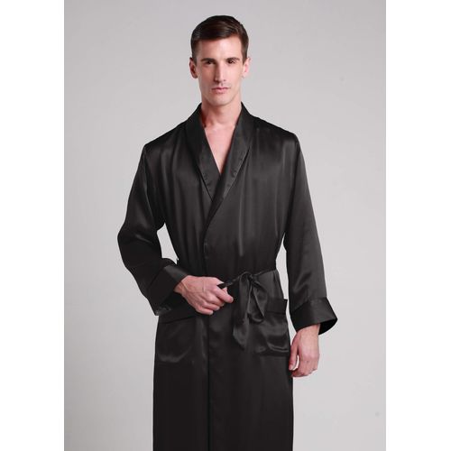 Lilysilk Robe De Chambre Kimono Soie Homme Noir Col Rabattu, Poignets À Bandes 100% Soie Naturellement Antibactérien Peignoir Xl