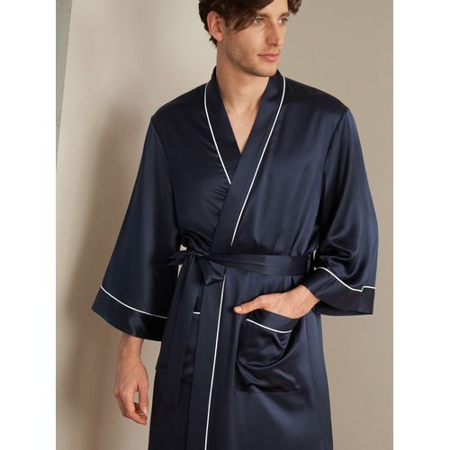 Lilysilk Peignoir De Soie Homme Bleu Marine Col Châle, Poches & Ceinture 100% Soie Convivial Pour Les Personnes Allergiques Robe De Chambre S