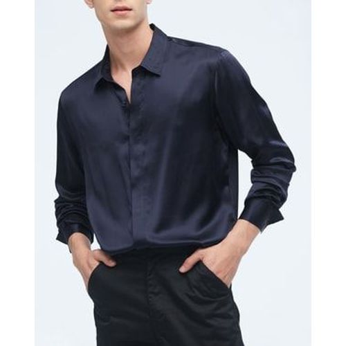 Lilysilk Chemise Soie Homme Bleu Marine Design De Patte Dissimulée, Bouton En Nacre 100% Soie De Mûrier Régulation De La Température Xxl
