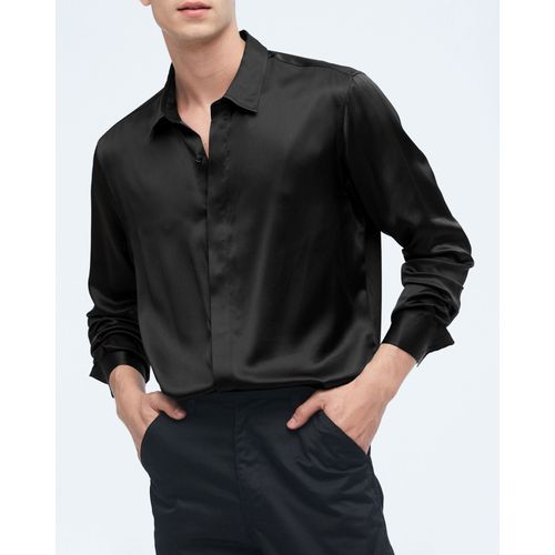 Lilysilk Chemise Soie Noire Homme Noir Bouton En Nacre, Design De Patte Dissimulée 100% Soie Charmeuse Naturellement Antibactérien Xxl