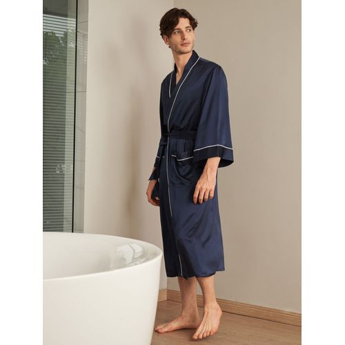 Robe De Chambre Homme En Soie Luxeux 22mm Col Kimono Bleu Marine M