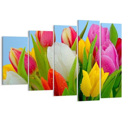 Moderne Impression sur Toile Image Tableau Decoration Murale Tulipes Bouquet fleurs rosée Tableaux Decoratifs Muraux Chambre Triptyque 5 parties Décoration Sal 50 x 25 cm. (sans cadre)
