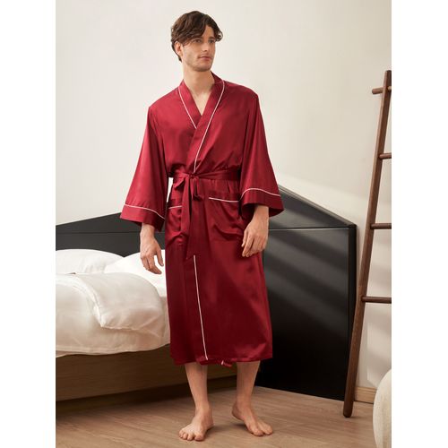 Lilysilk Robe De Chambre Soie Homme Rouge Vineux Col Châle, Poches & Ceinture 100% Soie Pure Léger Et Résistant Aux Rides Robe De Chambre S