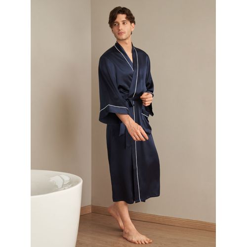 Lilysilk Robe De Chambre En Soie Naturelle Homme Bleu Marine Col Châle, Liseré Blanc 100% Soie Bon Rapport Qualité-Prix, Respectueux De La Peau Xl