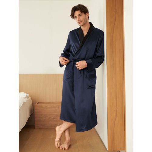 Lilysilk Peignoir Kimono Soie Homme Bleu Marine Manches Longues, Poignets Rabattables 100% Soie Pure Bonne Qualité Lavable En Machine Xxl