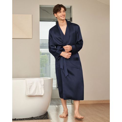 Lilysilk Peignoir En Soie Homme Bleu Marine Bordure Noire, Poches & Ceinture 100% Soie Naturellement Antibactérien Robe De Chambre L