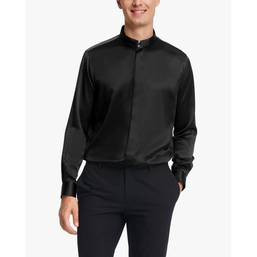 Lilysilk Chemise En Soie Noir Homme Noir Col Montant, Boutons Cachés 100% Soie Régulation De La Température Chemise L
