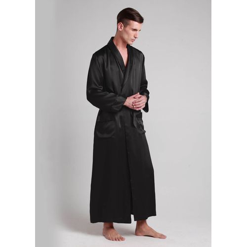 Lilysilk Peignoir Kimono Soie Homme Noir Col Rabattu, Poignets À Bandes 100% Soie Pure Bonne Qualité Lavable En Machine Robe De Chambre L