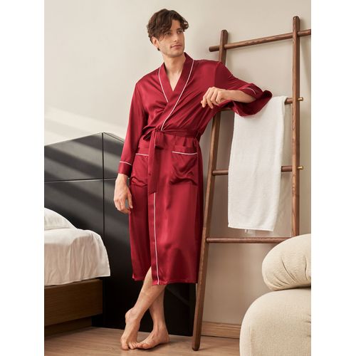 Lilysilk Peignoir En Soie Homme Rouge Vineux Col Châle, Liseré Blanc 100% Soie Naturellement Antibactérien Robe De Chambre L