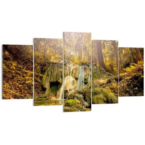 Décoration Salon Forêt Cascade Nature Environnement Moderne Impression sur Toile Image Tableau Decoration Murale Chambre Triptyque 5 parties Art Wall Tableaux 50 x 25 cm. (sans cadre)