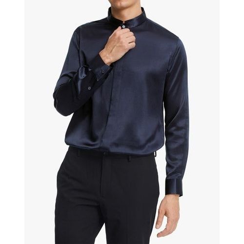 Lilysilk Chemise Soie Homme Bleu Marine Col Montant, Boutons Cachés Charmeuse Soie Élégance Intemporelle Et Style Sophistiqué M