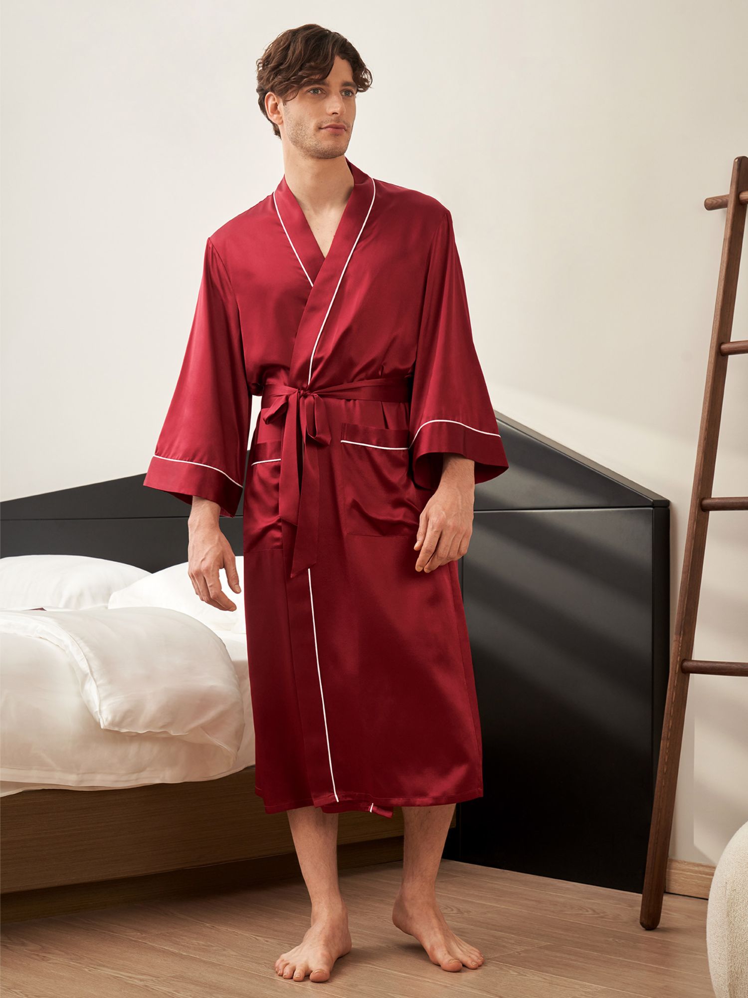 Lilysilk Robe De Chambre Soie Longue Homme Rouge Vineux Col Châle, Manches Longues 100% Soie Conçu Pour La Beauté Une Meilleure Peau Xs