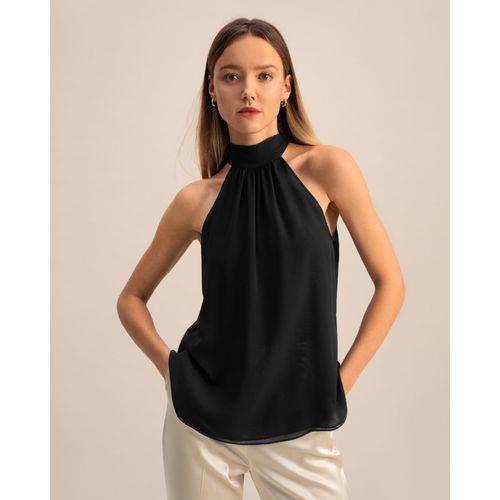 Lilysilk Top En Soie Femme Col Licou, Haut Dos Nu Classique Translucide 100% Soie Crêpe De Chine Chemises Noir 42
