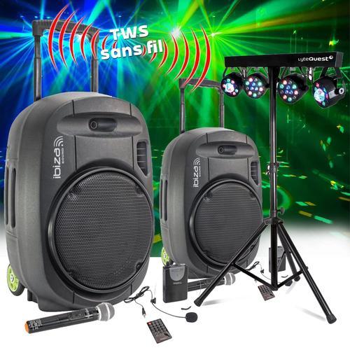 Pack Sono Ibiza sound PORT15VHF-MKII-TWS, Portable Autonome 15", 1600W USB//Bluetooth/ Couplage SANS FIL - Portique Lumières