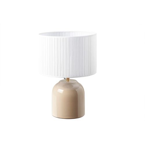 Lampe À Poser Taupe En Céramique Brillante Et Abat-Jour En Tissu Plissé Blanc H35 Cm Piega