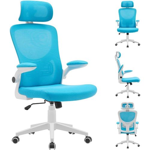 Chaise De Bureau Ergonomique En Tissu Respirant Et Anti-Transpiration,Dossier Avec Support Lombaire Et Appuie-Tête,Fauteuil D'étude Bureau Hauteur Réglable À Gaz 116-126 Cm (Azur)