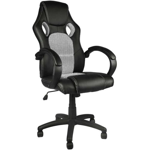Chaise De Sport Fauteuil De Bureau 4 Roues Pivotantes 360° Modèle Racer Gaming Design Extra Luxe En Simili Cuir Noir Et Tissu (Gris Clair)