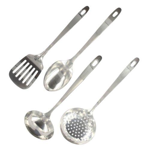 Fackelmann 9908950 Ensemble De 4 Ustensiles De Cuisine En Inox, Louche De Cuisine, Cuillère De Service, Écumoire, Spatule De Cuisine, Acier Inoxydable, 32,1 X 7,9 X 3 Cm