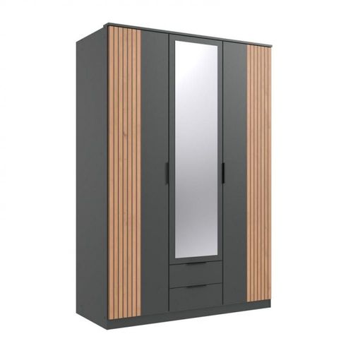 Armoire Belou 3 Portes 1 Miroir 2 Tiroirs Décor Graphite Rechampis Aspect Clayettes Chêne Artisan