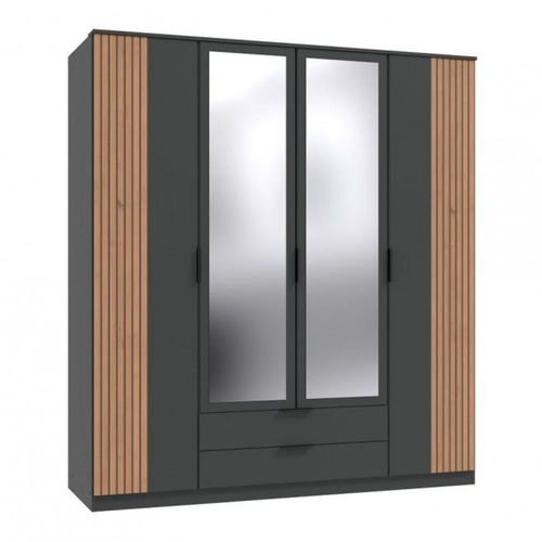 Armoire Belou 5 Portes 2 Miroirs 2 Tiroirs Décor Graphite Rechampis Aspect Clayettes Chêne Artisan