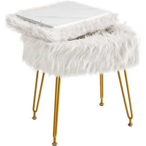 Rectangulaire Fausse Fourrure Tabouret Vanité Avec Stockage,Fausse Fourrure Chaise De Maquillage Ottomane,Rond Repose-Pieds Tabourets Avec 4 Jambes En Métal,Blanc Wbd022w