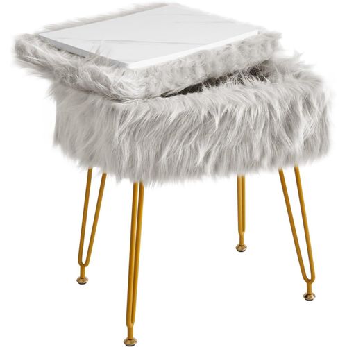 Rectangulaire Fausse Fourrure Tabouret Vanité Avec Stockage,Fausse Fourrure Chaise De Maquillage Ottomane,Rond Repose-Pieds Tabourets Avec 4 Jambes En Métal,Gris Wbd022g