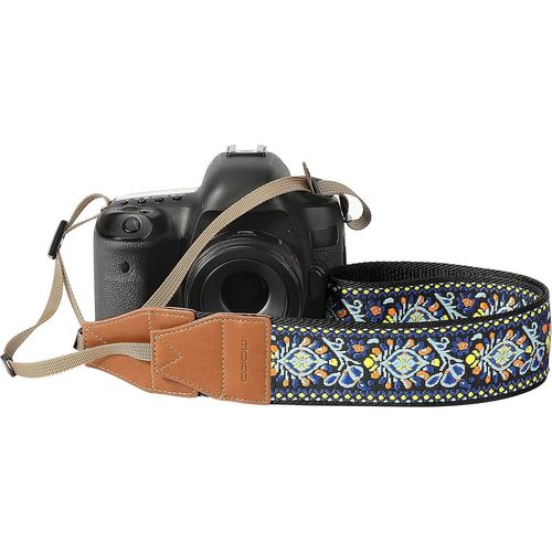 Sangle pour Appareils Photo,Bandoulière Universelle Réglable Vintage Tissée,Courroie avec Fleurs Brodées pour Caméscope Jumelles Appareil Photo Numérique Nikon/Canon/Sony/Minolta,Bleu Vintage