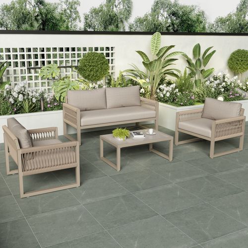Bmtterqgwo - Set 4 Fauteuils Lounge Jardin Fer Zingue Corde Gris Avec Coussins Pieds Reglables Plateau Verre