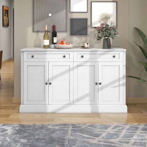 Bmtterqgwo - Grand Buffet Moderne 4 Portes 2 Tiroirs Pour Salle A Manger 150x86x40cm (Blanc Antique+Bois Naturel)