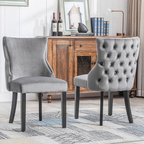 Bmtterqgwo - Chaise Salle A Manger (Cuisine Salon Motif Losange Dos, 2p), Velours Gris, Pieds Bois Massif Noir Reglables, Clous