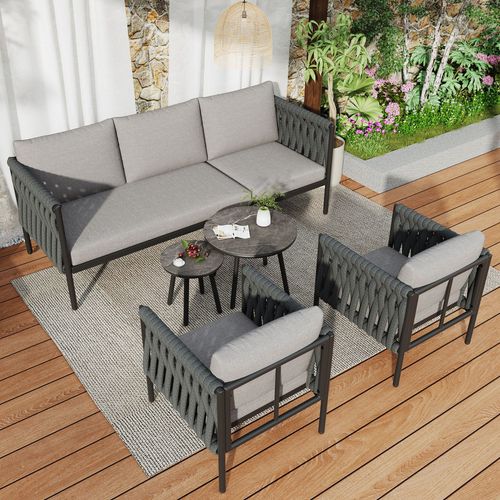 BMTTERQGWO - Set lounge jardin coussins, 3 pieces (1 canape 3 places, 2 fauteuils, 2 tables), structure acier zingue, plateau verre