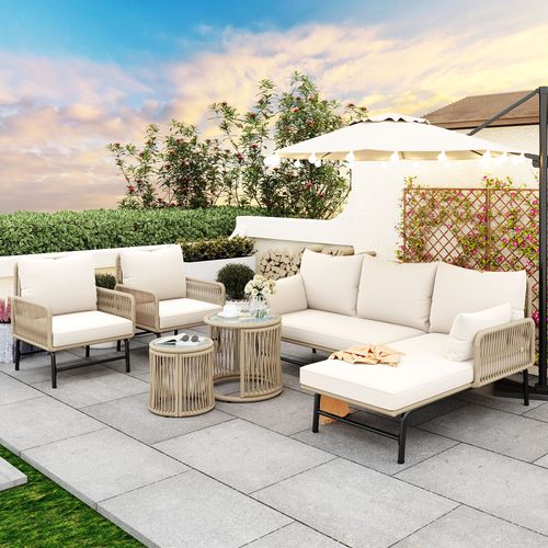 BMTTERQGWO - Set jardin 2 fauteuils 2 canapes 2 tables fer corde tressee exterieur beige coussins inclus