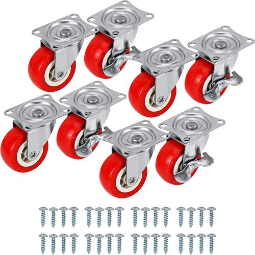 Lot de 8 Roulettes Pivotantes pour Meubles Rouge - Roulette Meuble de 50 mm avec Roues en Caoutchouc, Vis, Freins et Plaques en Métal - Roulettes pour Meubles, Chariots & Usage Industriel