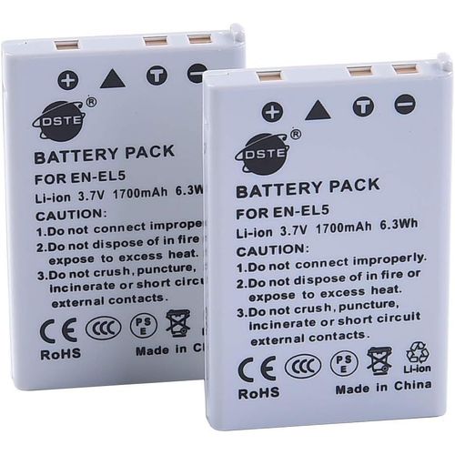 DSTE EN-EL5 Lot de 2 batteries de rechange, 1700 mAh, 3,7 V, compatibles avec Nikon Coolpix P530, P520, P510, P500, P100, P5000, P5100, P6000, P90, P80