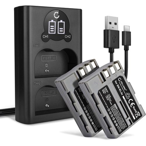 Batterie pour Caméra, Compatible avec Nikon EN-EL3e, D90, D80, D700, D50, D200, D300 (7.4V, 1600mAh) 2 Pièces + Double Chargeur